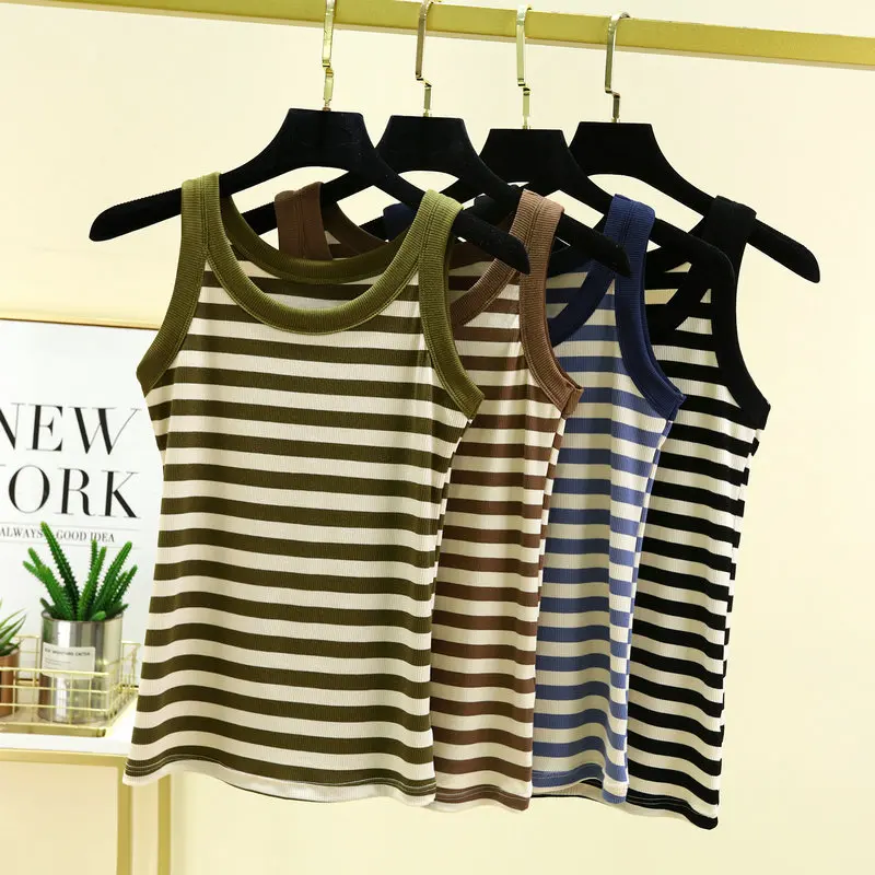 Fashion Black & White Stripe Tank Tops summer women's Tshirt sleeveless Modal Cotton Base camis streetwear Tops