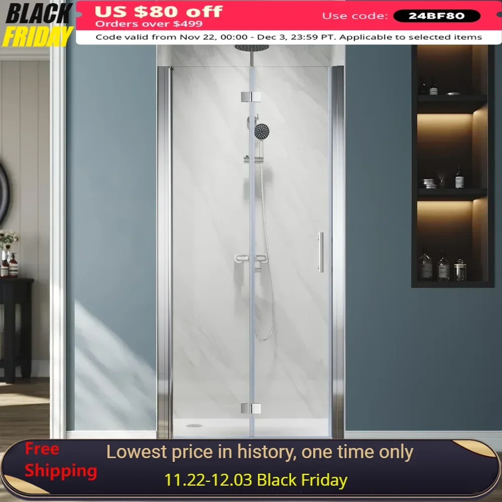 

Bi-Fold Shower Door 30 in.W X 72 in.H, Frameless Pivot Swing Shower Doors with 1/4 in. Clear Tempered Glass, Chrome Finish