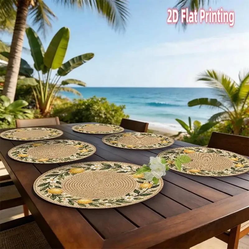 4 Pcs 2D Printed Placemats Flower: Round Polyester Tablecloth Home Decoration Festival Use