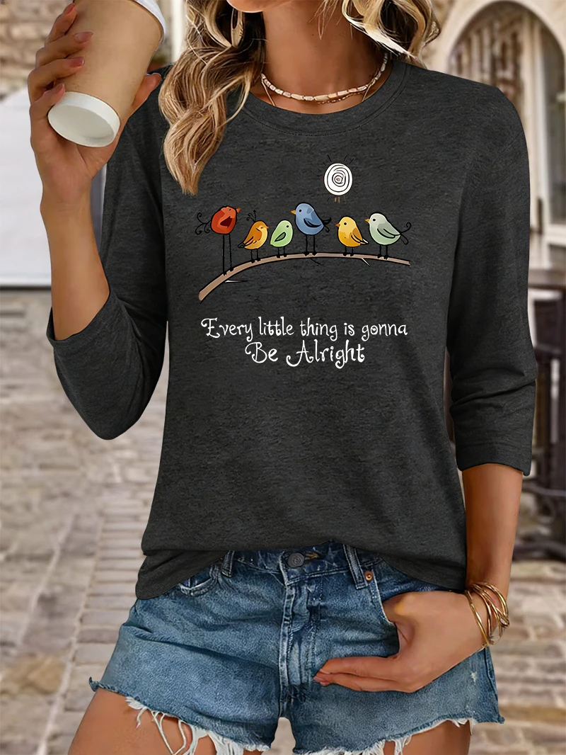 Women Summer Crew Neck T-shirt, Every Little Thing Is Gonna Be Alright Inspirational Print, Casual Tee for Ladies