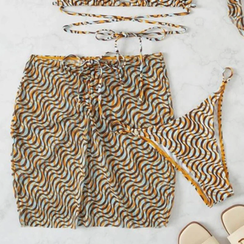 Rayé Sexy Ensemble Bikini Maillots De Bain Femmes Triangle Bandage String Micro Bikini Cover-ups 2025 Nouveau Maillot de bain Vintage 3 Pièces Ensemble