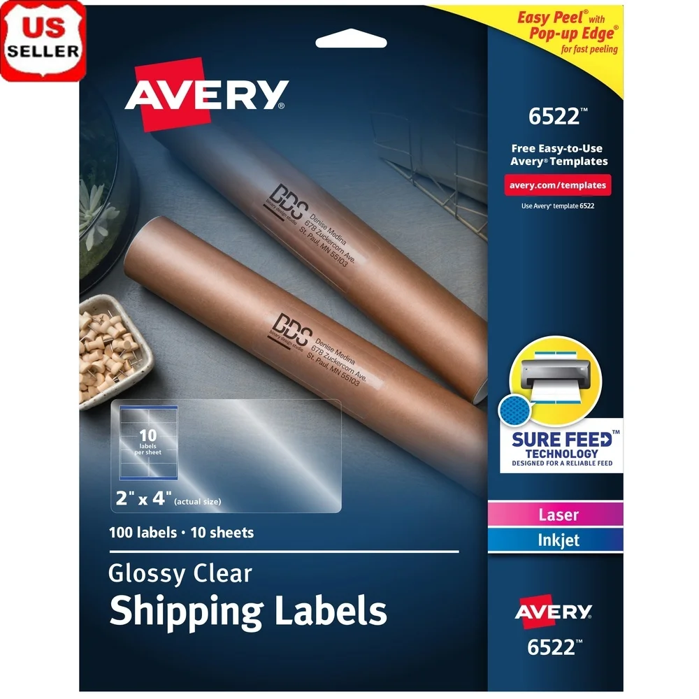 Glossy Clear Shipping Labels 2x4 Inch 100 Pack Easy Peel Permanent Adhesive Multiple Surfaces Printer Compatible
