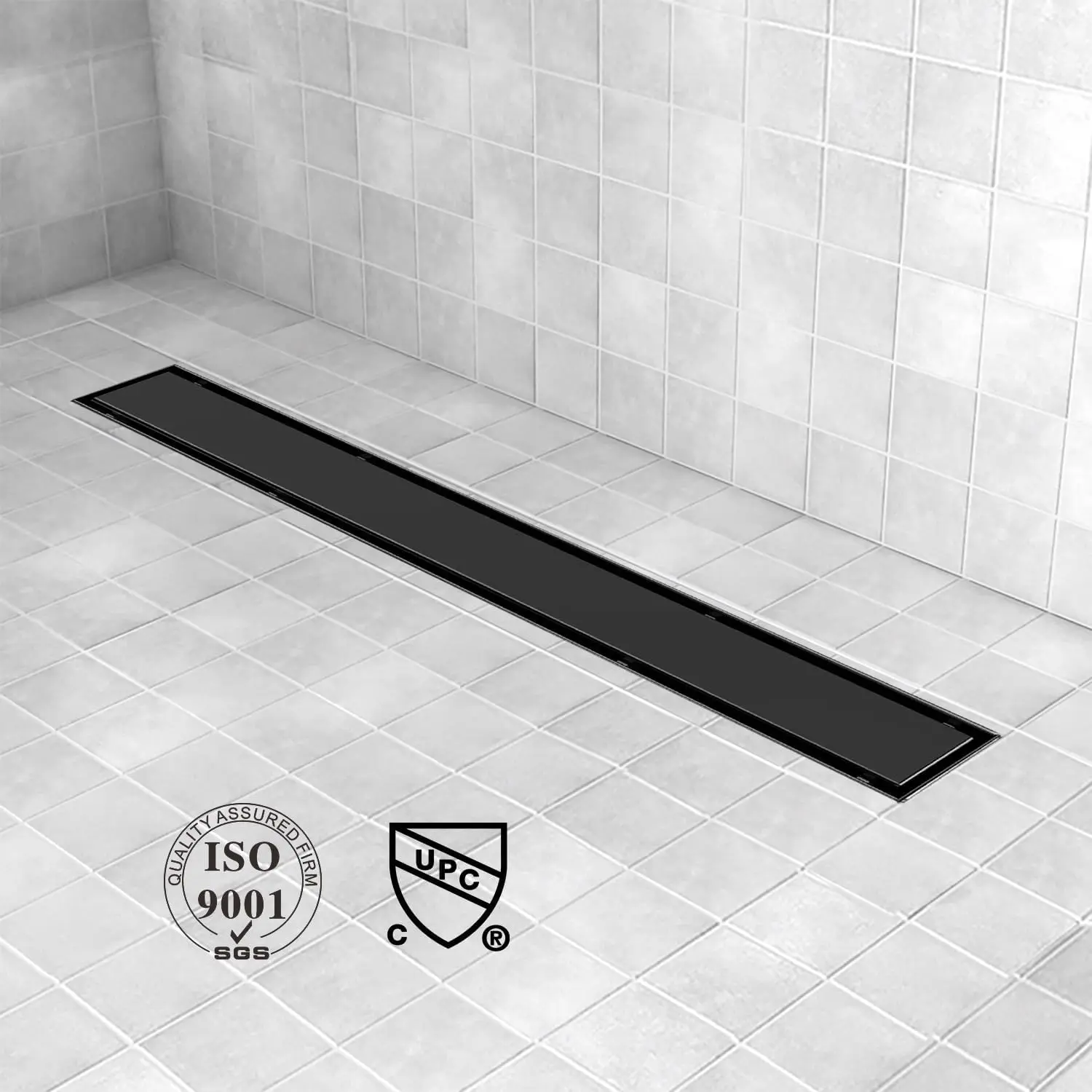 24-Inch Black Linear Shower Drain 304 Stainless Steel Side Outlet Brushed Finish Tile Insert Cover Adjustable Feet Hair Catcher