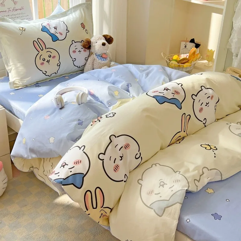 Anime Kawaii Chiikawa Usagi Student Dormitory 100% Cotton Bed Supplies Pure Cotton Quilt Cover Bed Sheets Bedroom Four Piece Set
