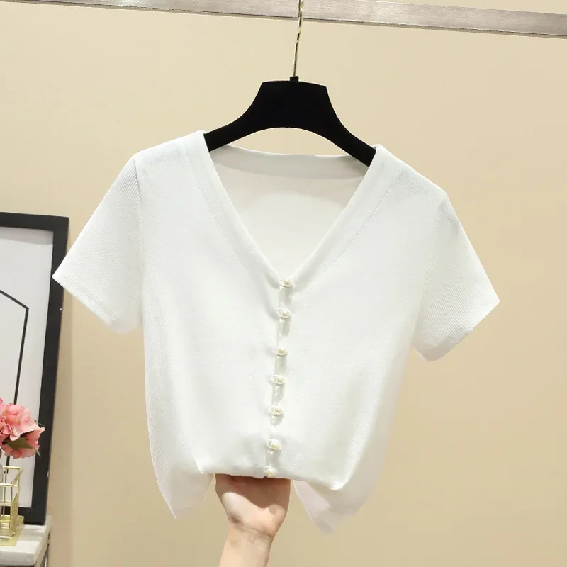 TT048   Short-sleeved t shirt female summer 2023 new women's temperament V-neck solid color cotton T-shirt breasted waist blouse