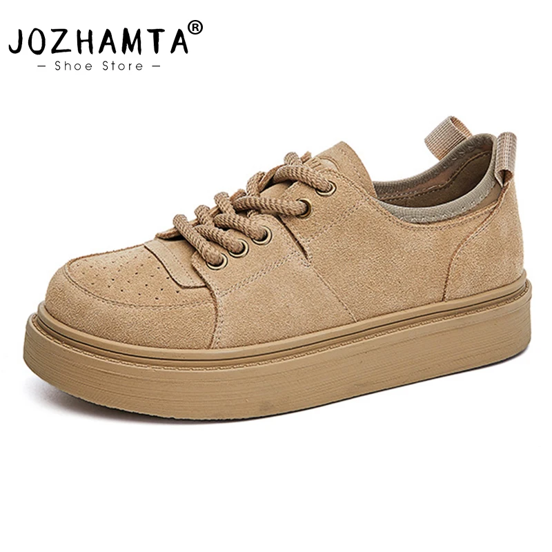 JOZHAMTA Women Casual Platform Shoes Thick Heels Pumps Suede Real Leather Vintage Spring 2025 Office Lady Daily Dress Size 35-40