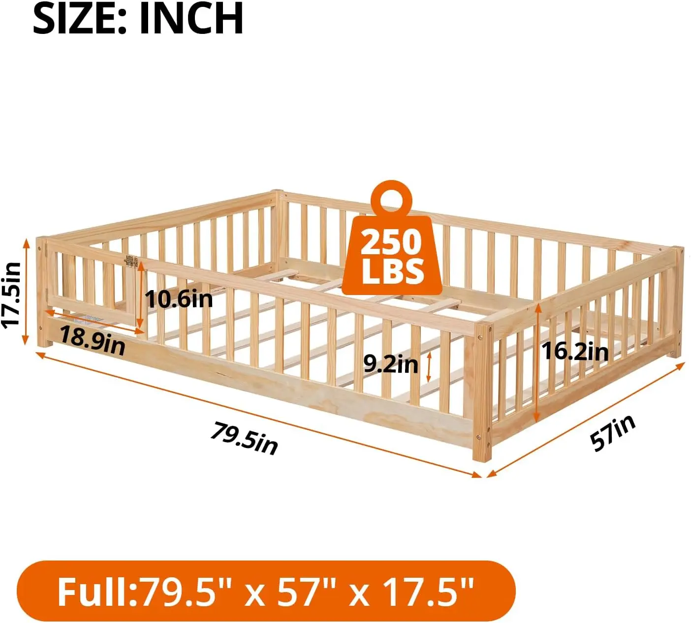 Full Floor Bed for Children, Sturdy Wood Montessori Bed Frame with Wood Slats, Fence & Door, Montessori Floor Bed for Girls