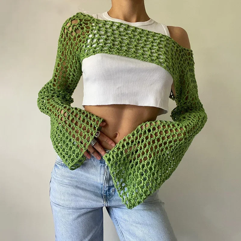 

Green Knit Crop Top Women Mesh Long Sleeve T-shirt Beach Summer Fishnet Hollow Out Smock Crochet Sweater Y2k Tops Cover Up 2024