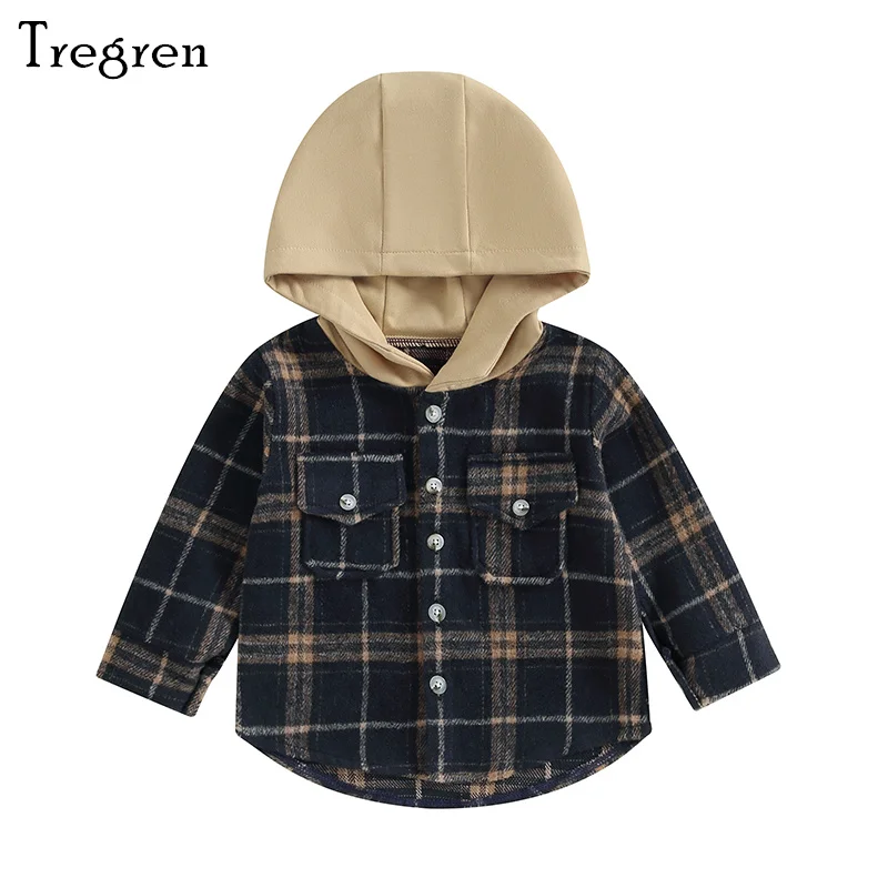 Tregren Toddler Baby Boys Girls Plaid Jacket Autumn Winter Casual Hooded Coat Long Sleeve Button Down Plaid Outwear with Pockets