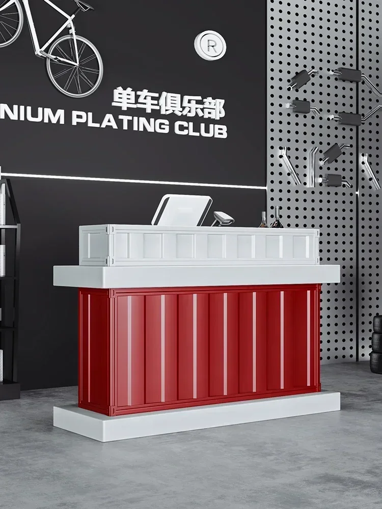 Banco Reception, benvenuto, bancone, stile industriale, registratore di cassa retrò, negozio di abbigliamento per alimenti e bevande, servizio