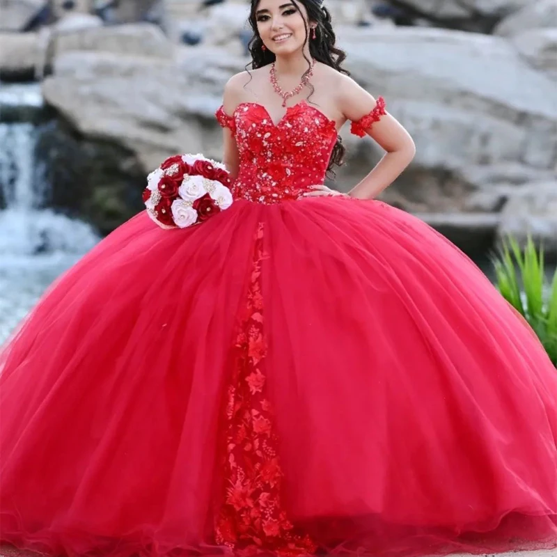 ANGELSBRIDEP Red Quinceanrea Dresses With Beading Crystal Applique Off Shoulder Tulle Plus Size Sweet 15 16 Birthday Party Gowns