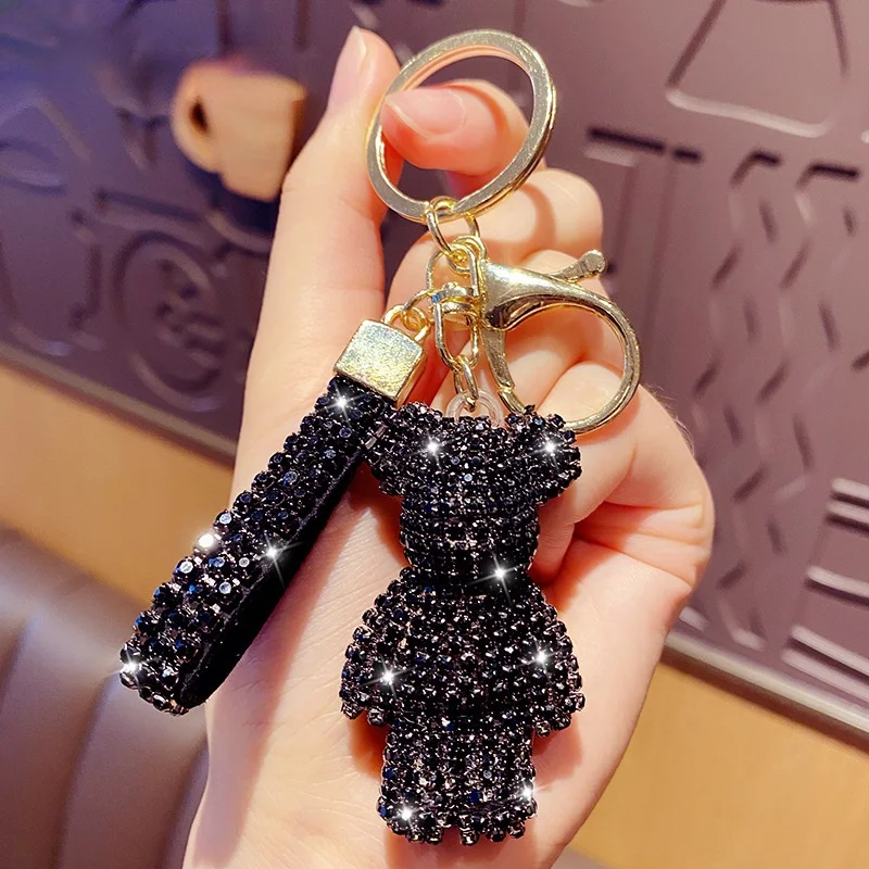 High Quality Rhinestone Animal Keychain Leather Strap Car Key Case Pendant Fancy Rhinestone Bear Animal Keychain Bag Pendant