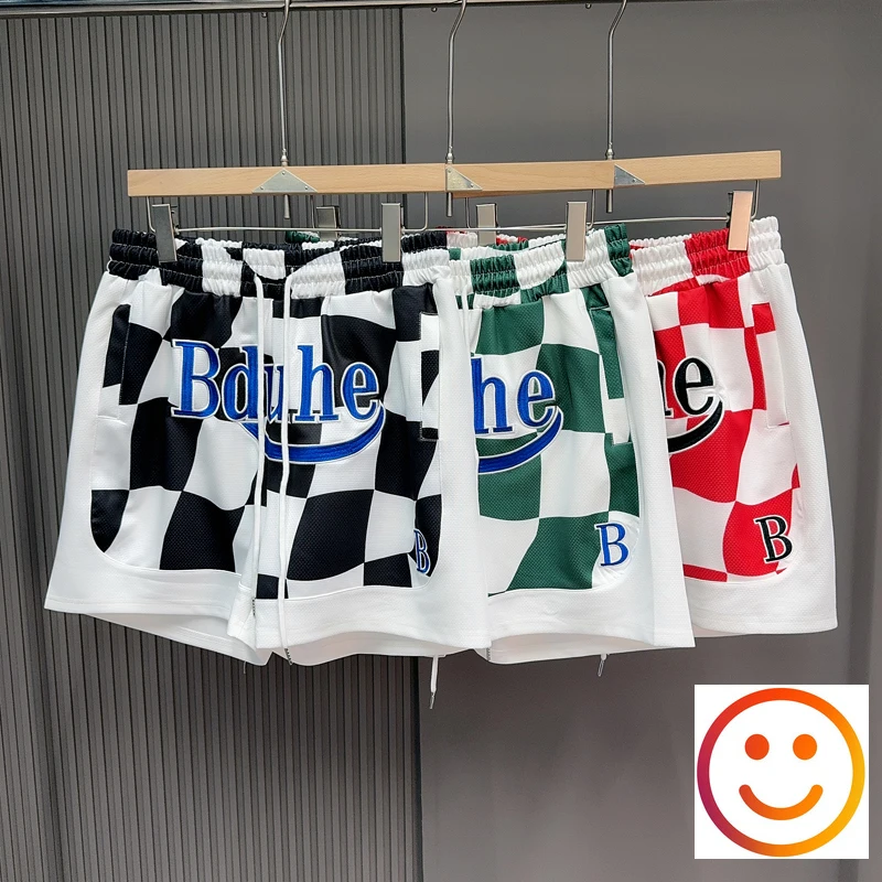 Plaid Black Red Green Embroidery Letters Patch Basketball Shorts Mesh Breathable Shortpant for Men Women