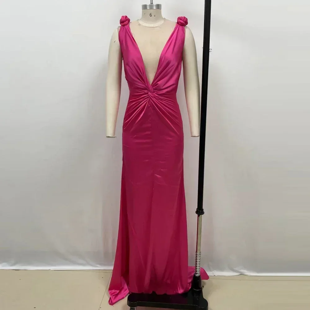 GPBD 2024 New Summer Women\'s Satin Sexy V-Zero Sleeveless Pleated Pink Cross Cut Slim Maxi Dress Elegant Party Evening Dress