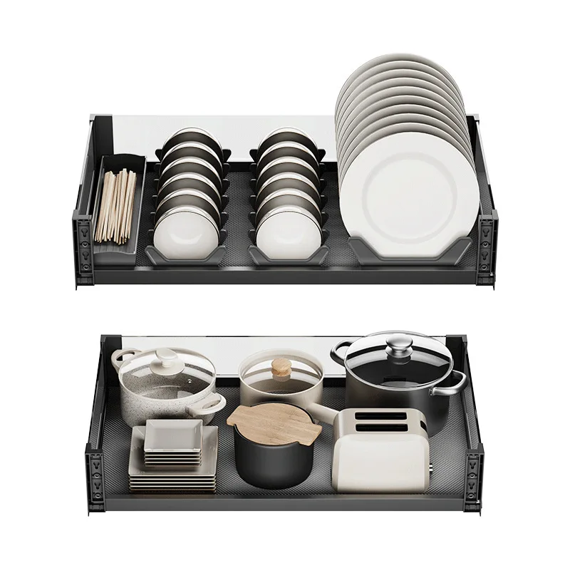 Wow pull basket space aluminum drawer kitchen double damping buffer three-sided tempered glass dish basket delivery