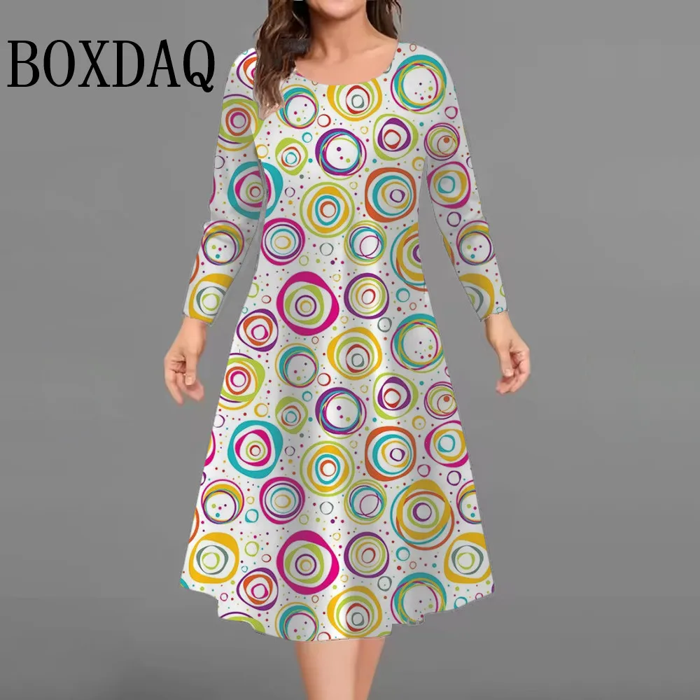 فساتين مطبوعة ثلاثية الأبعاد على شكل دائرة ملونة للنساء 2025 موضة حجم كبير فستان على شكل حرف a للخريف ملابس فضفاضة غير رسمية بأكمام طويلة 9XL