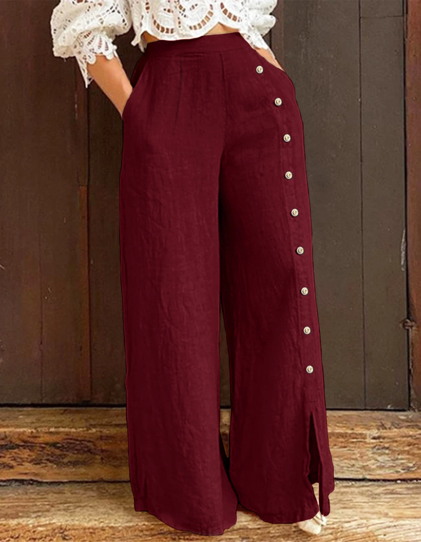 Women Fashion Elastic Waist Pocket Wide Leg Pants Button Decor Casual Solid Loose Female Elegant All-Match Long Trousers