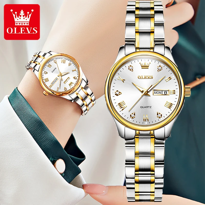 OLEVS Fashion Luxury Brands Women\'s Watches Stainless Steel Dual Calendar Waterproof Quartz Ladies Wristwatches Reloj Mujer