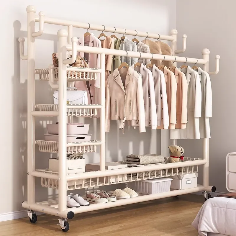 Multifunctional dual-bar removable metal hanger with multiple storage baskets for bedrooms, living rooms, and entrances