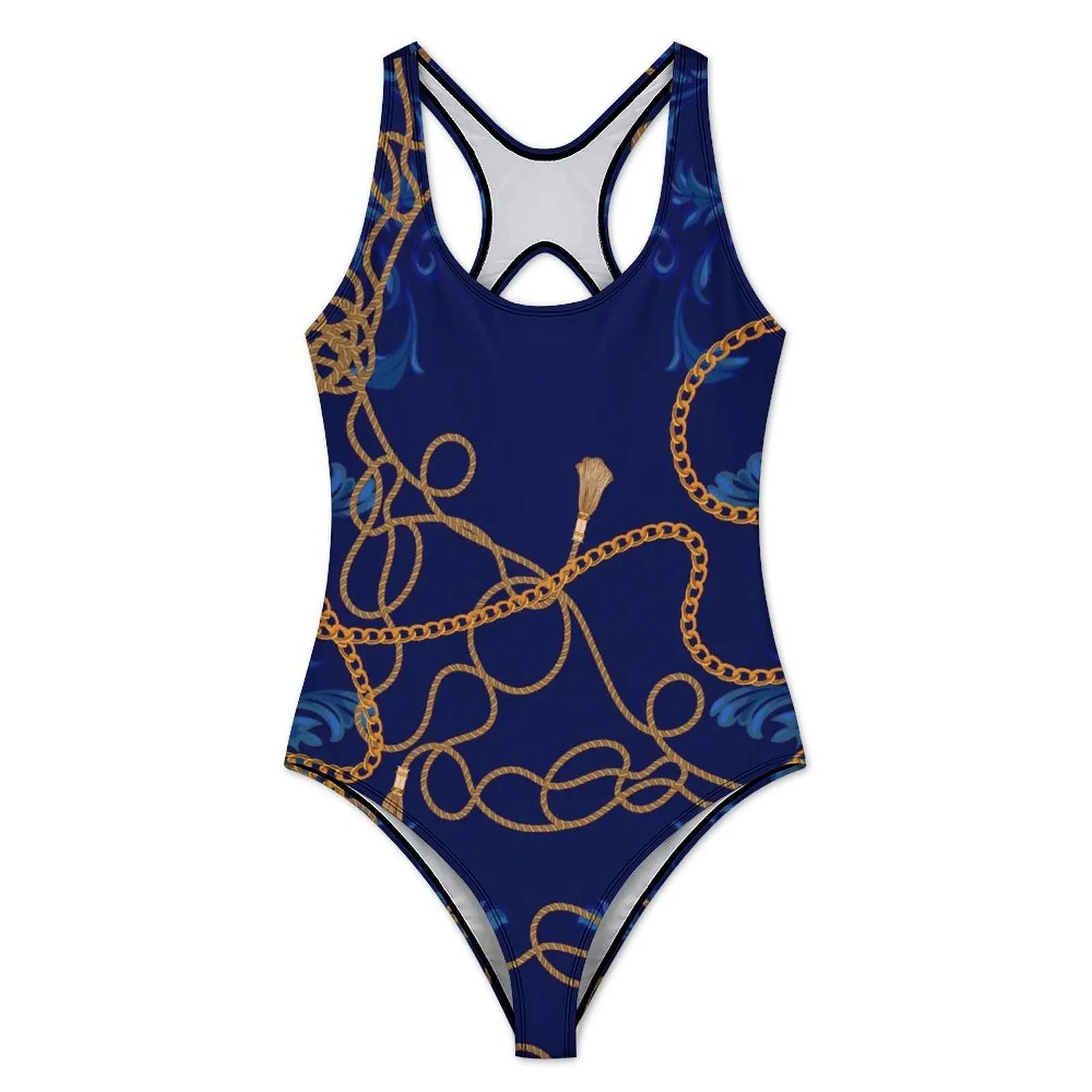 Gold Chain Swimsuit Sexy Blue Floral Print Ladies Swimwear One-Piece Stylish Swimsuits Holiday Push Up Hollow Out Bathing Suit