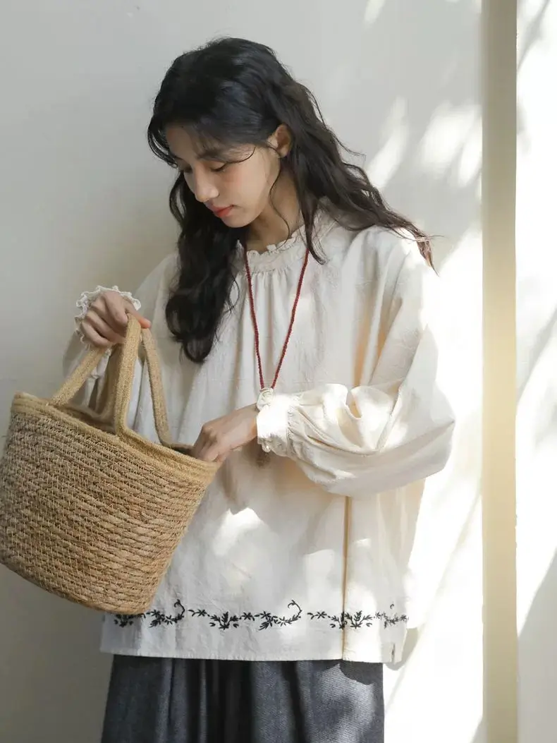 

Ретро-топ с вышивкой, однотонный, свободного кроя, с длинными рукавами, женский, весна-лето, винтажный, больших размеров, 300 Pou