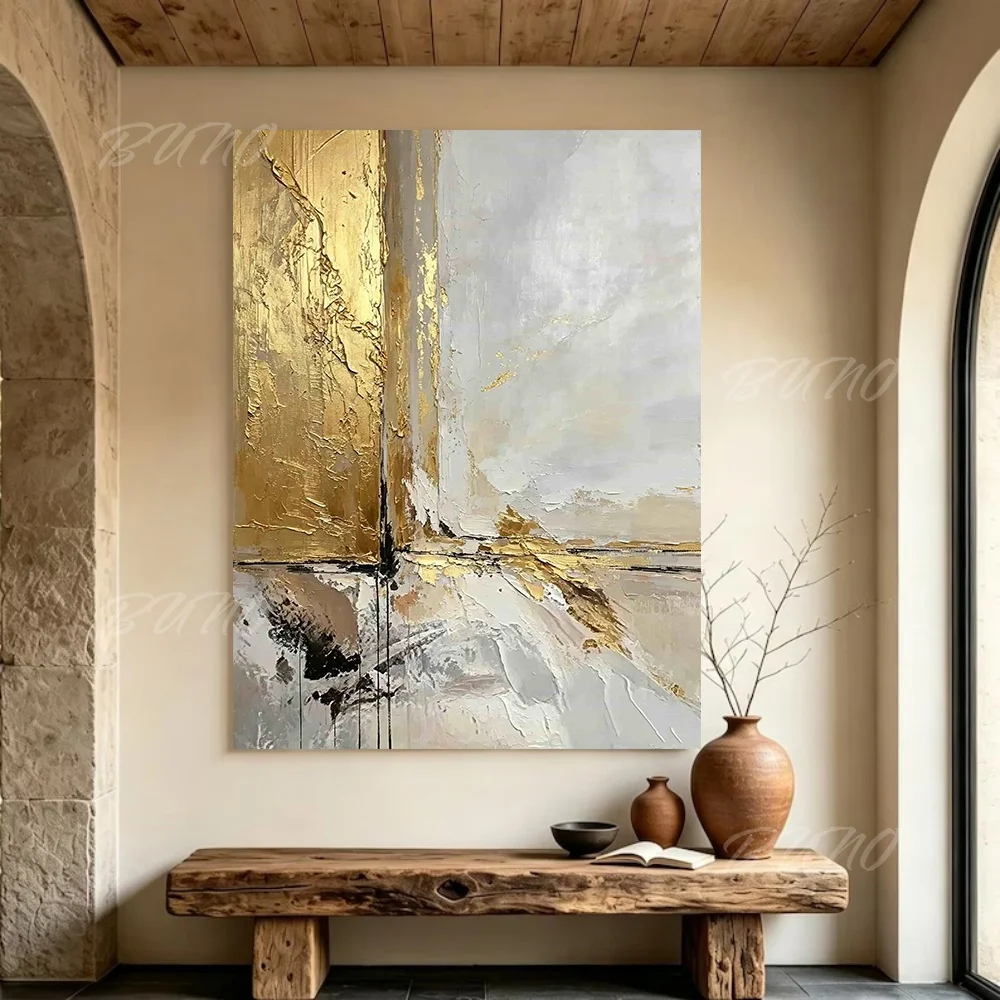 Abstract Oil Painting 100% Handmade Modern Gold Foil Textured Unframed Canvas Wall Art for Living Room Bedroom Decor