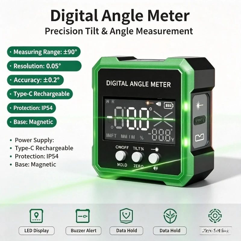 Dual‑Axis Laser Digital Inclinometer Rechargeable Magnetic Angle Level Meter Woodworking High‑Precision Angle Measuring Gauge