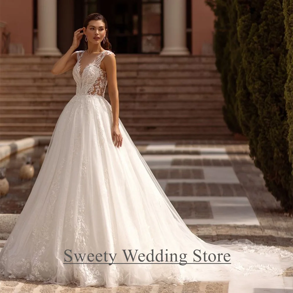 

Sparkling Wedding Gown Customized Cap Sleeve Scoop Neck Beading Sequined Applique Sweep Train Illusion Back Bridal Dresses