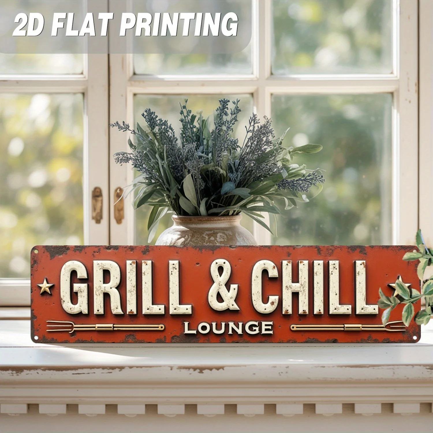 2D Flat, 1pc Rustic Grill & Chill Lounge Metal Wall Sign - Vintage BBQ-Themed Iron Barbecue Decor with Grill Art, 9.91cm x 39.88