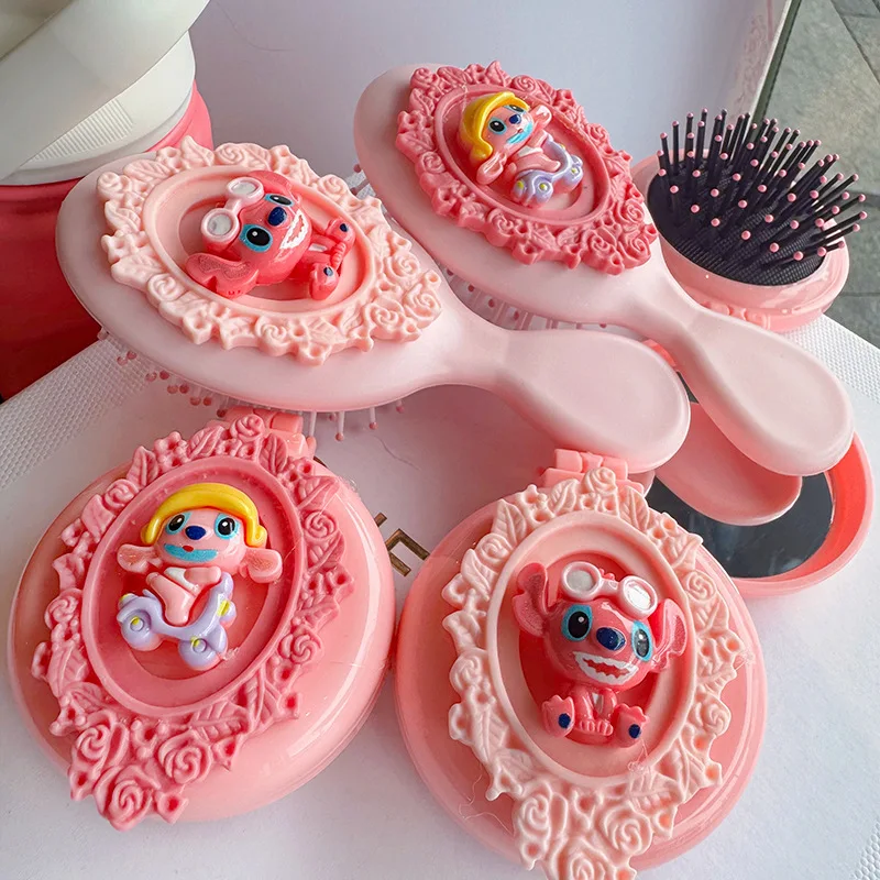 Cartoon Stitch Air-Cushioned Massage Comb with Portable Mirror Set Girly Curling Comb with Anti-Static Gift