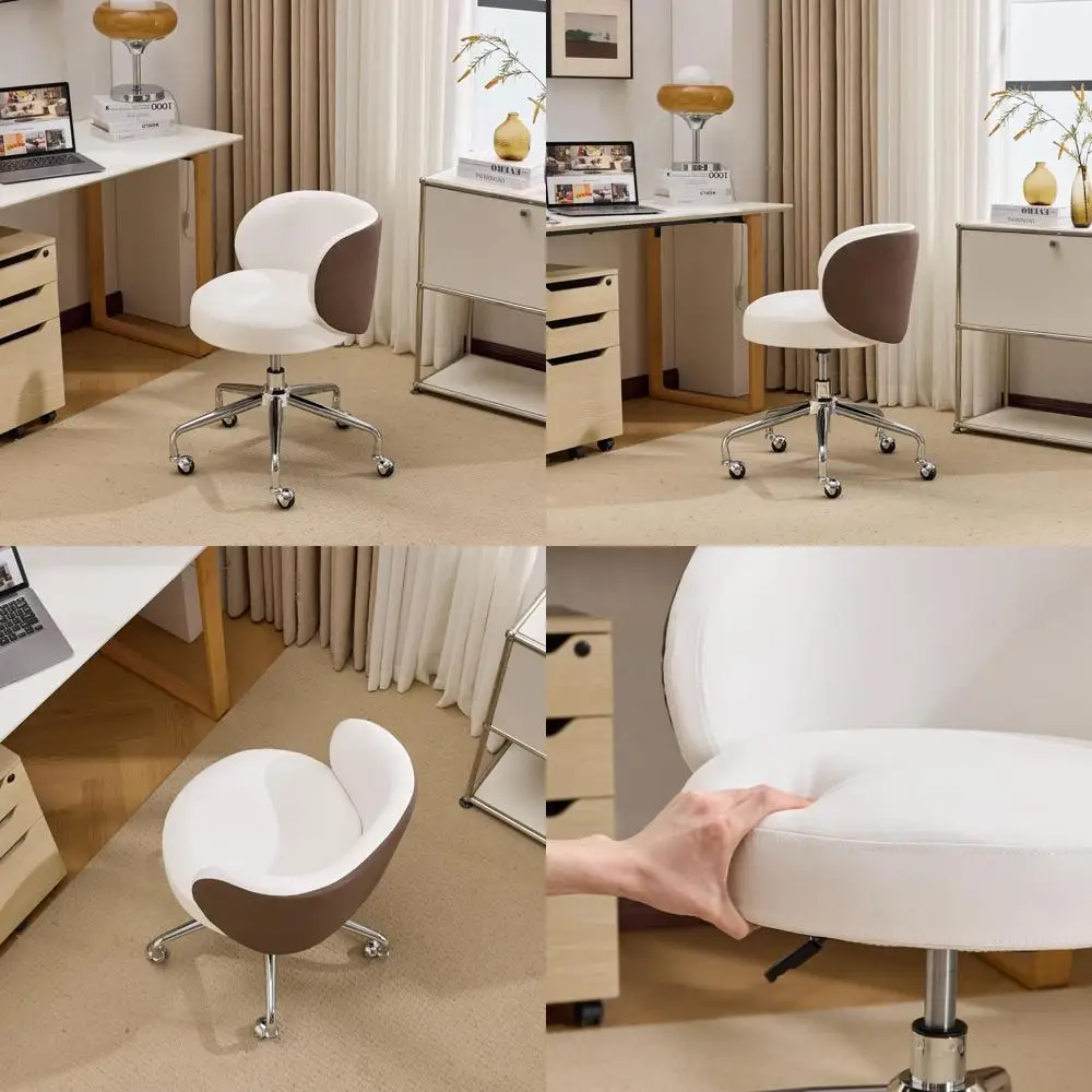 

Ergonomic Swivel Desk Chair with Wheels, Comfortable Low-Back Support, Adjustable Height, PU Leather & Suede, White & Khaki for