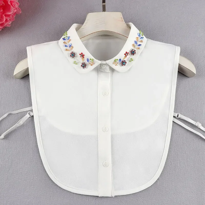 Handmade Flower Beaded Fake False Collar for Womens Female Neckwear Tie Lapel White Solid Detachable Collar Decoration