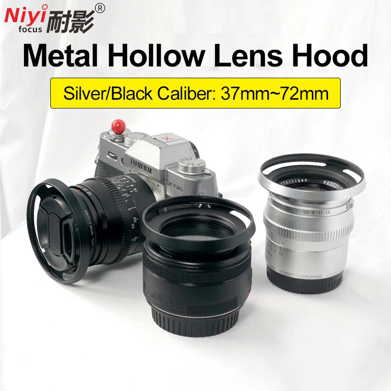 Metal Camera Lens Hood Ultra-Thin Wide-Angle Hollow Lens Hood with Lens Cap Anti-Lost Rope Universal for Sony/Canon/Fuji/Nikon