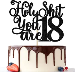 1Pack Happy 18th Birthday Cake Topper,Cheers to 18 Years Cake Decor, Funny 18th Birthday Decorations Supplies Black Glitter