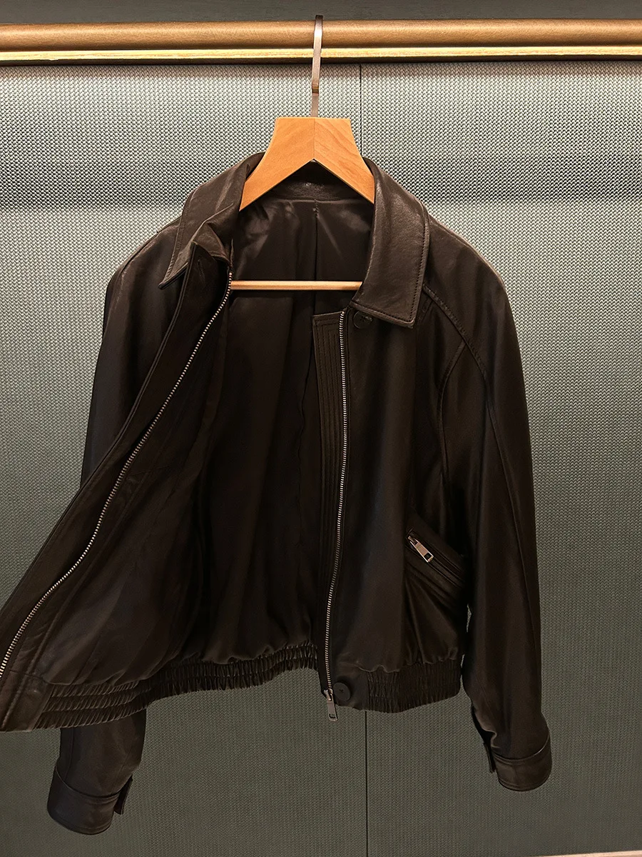 Chaqueta de vuelo de manga corta para mujer de cuero genuino negro abrigo de piel de oveja Vintage