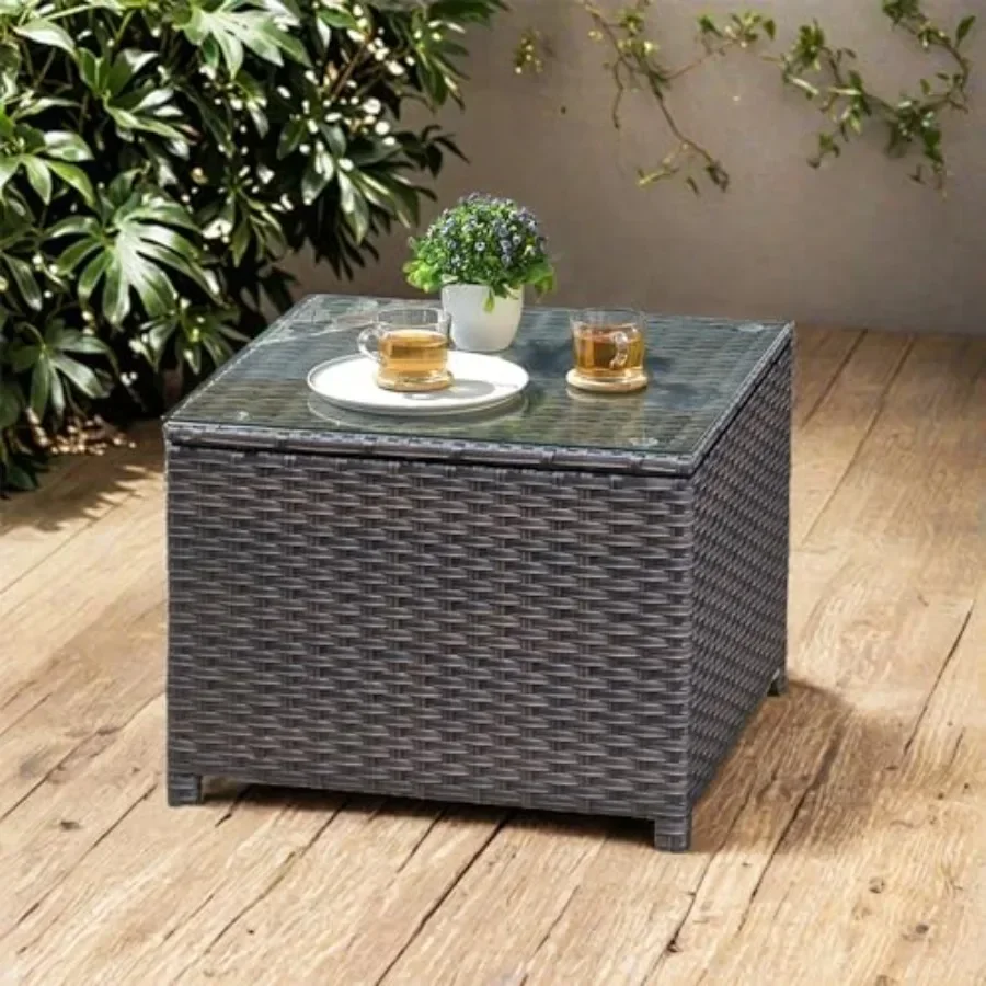 Outdoor side table with tempered glass top, rattan wicker construction, brown finish, weather-resistant for porch, deck, balcon