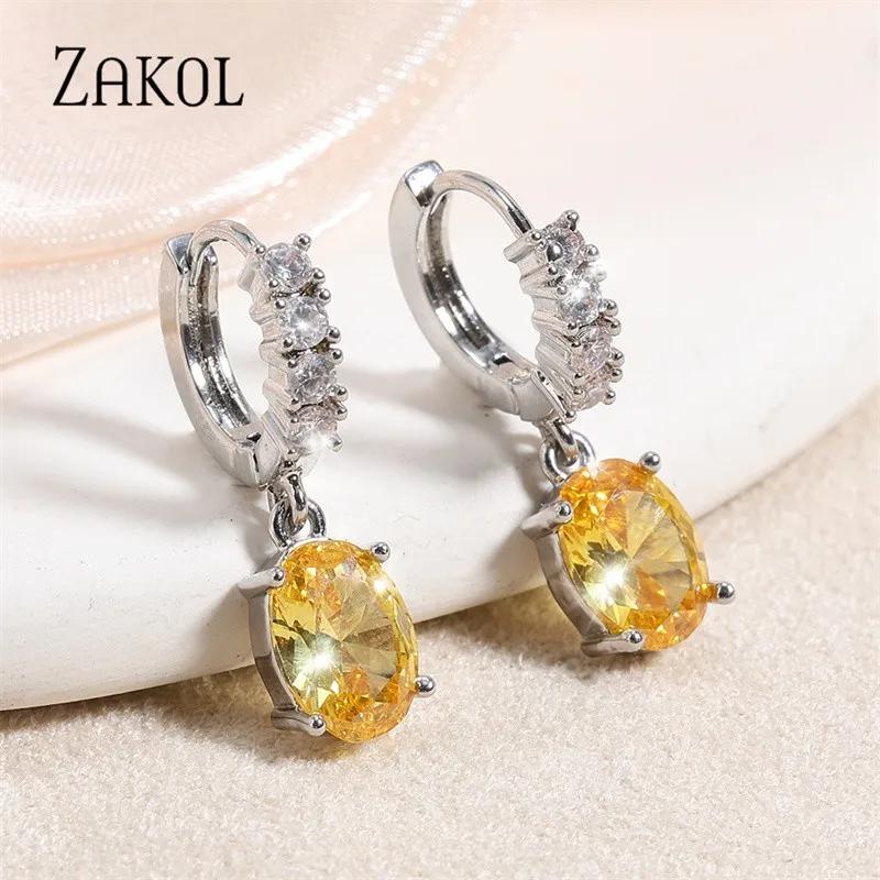 

ZAKOL Fashion Yellow Oval Zircon Hoop Earrings for Women Shiny Crystal Earring Girls Party Wedding Jewelry