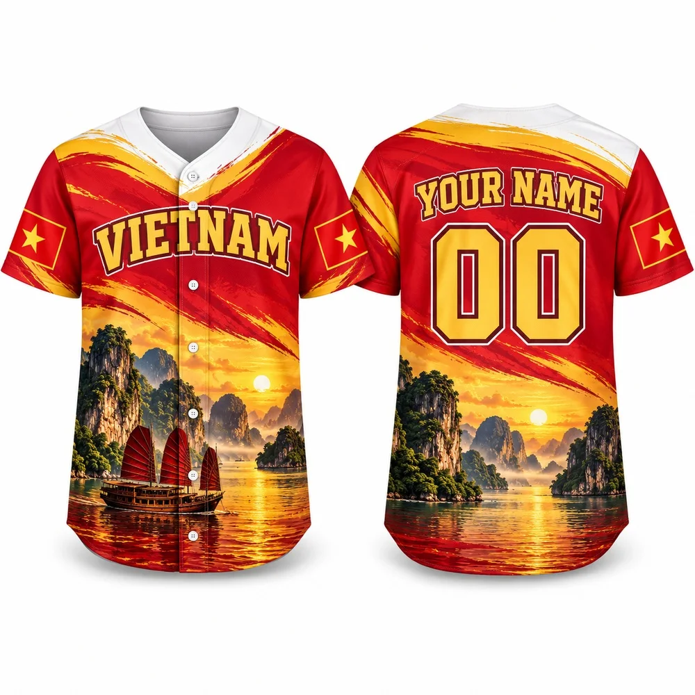DIY Vietnam Lantern and Ha Long Bay Print Jerseys Shirt Custom Baseball Jersey Name Number Shirts with Red Gold National Art