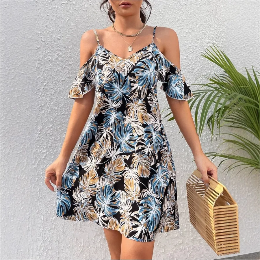

【HOT】European and American women's casual print suspender short-sleeved dress sexy babes V-neck