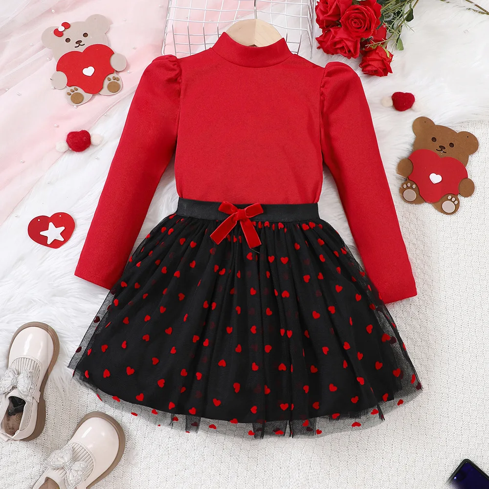 

2024 New Clothing Set Girls Long Sleeve Red Sweater Mesh Print Heart Skirts Cute 2 Pcs Sets Casual Girls Clothes Sets 183-3T