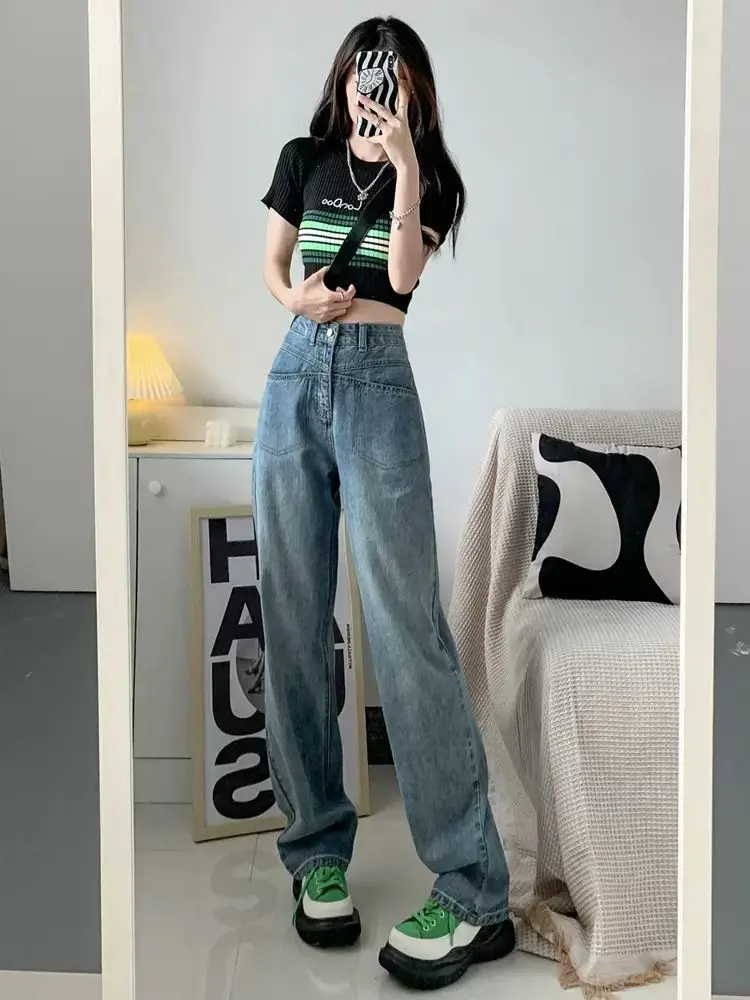 

2023 Autumn Women's High-Waisted Wide-Leg Jeans Large Size Loose Straight Leg Ladies Drapper Retro Mopping Pants