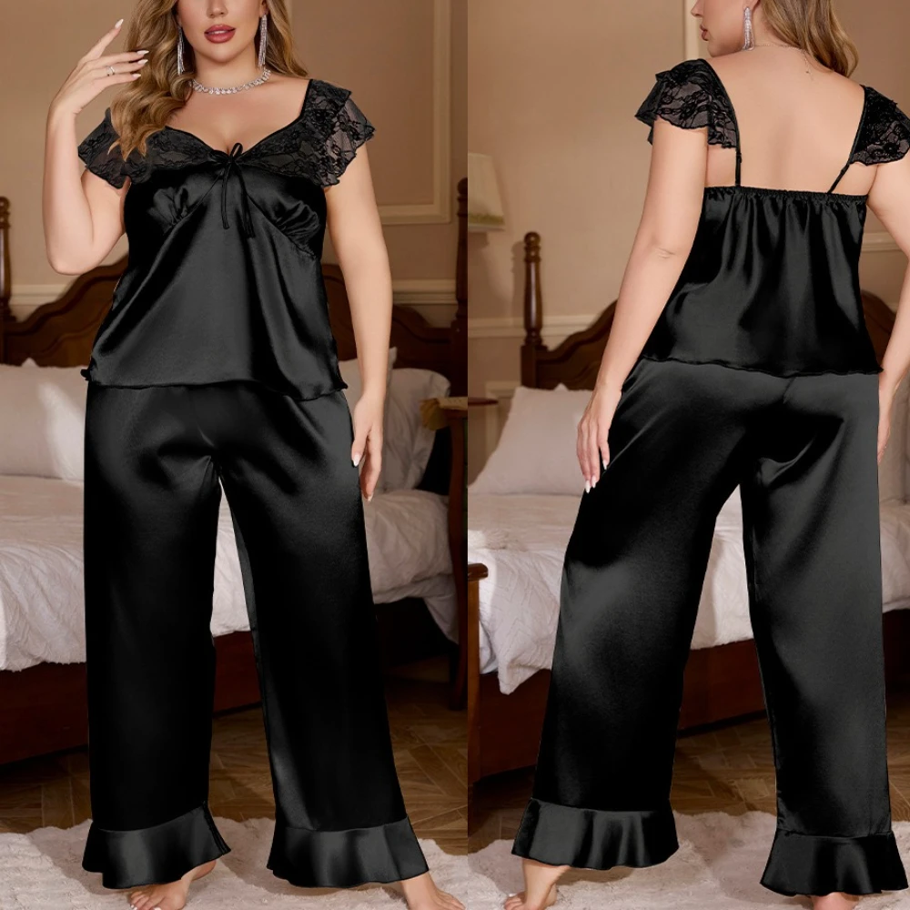 Krismile Ice Silk Plus Size Pajama Sets Women 2025 Summer New Sexy Backless V Neck Flying Sleeve Top Ruffles Loose Trousers