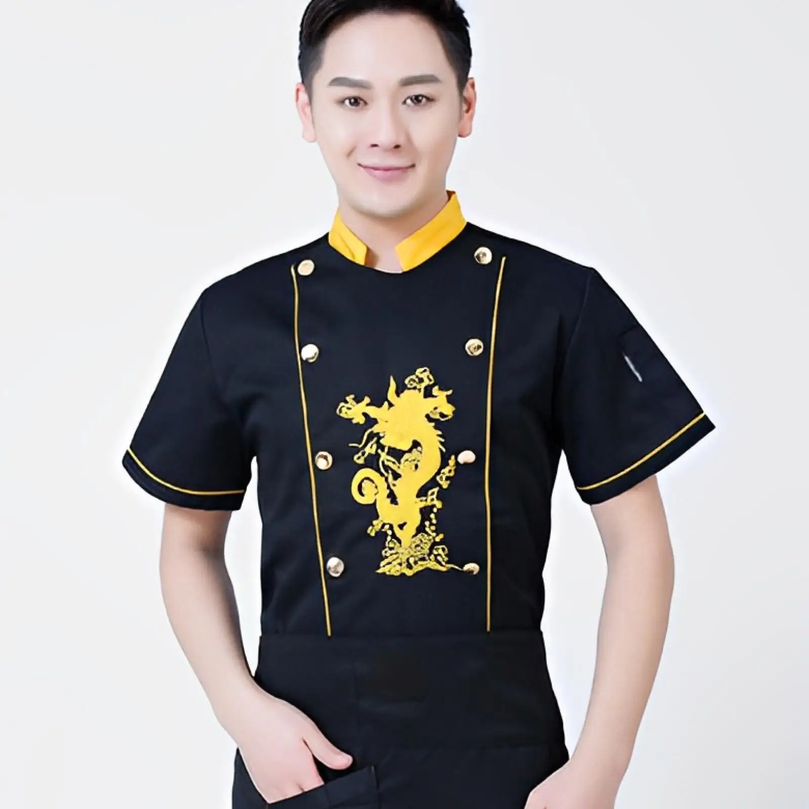 Short Sleeve Chef Embroidery Uniforms Wrinkle Resistant Dragon Design Quick-dry Chef Coat for Kitchen Restaurant Work Outfit