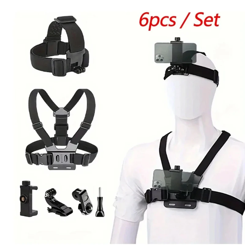 6pcs Action Camera Kit Head Strap Chest Strap Mount Adjustable for Phone Enhanced Stability-A20R