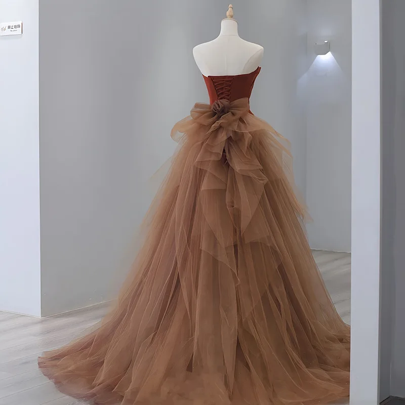 Detachable Train Overskirt Softest Tulle Brown Floor Length Tailing Bow Waistband for Bridal Wedding Removable Party Skirt 2022