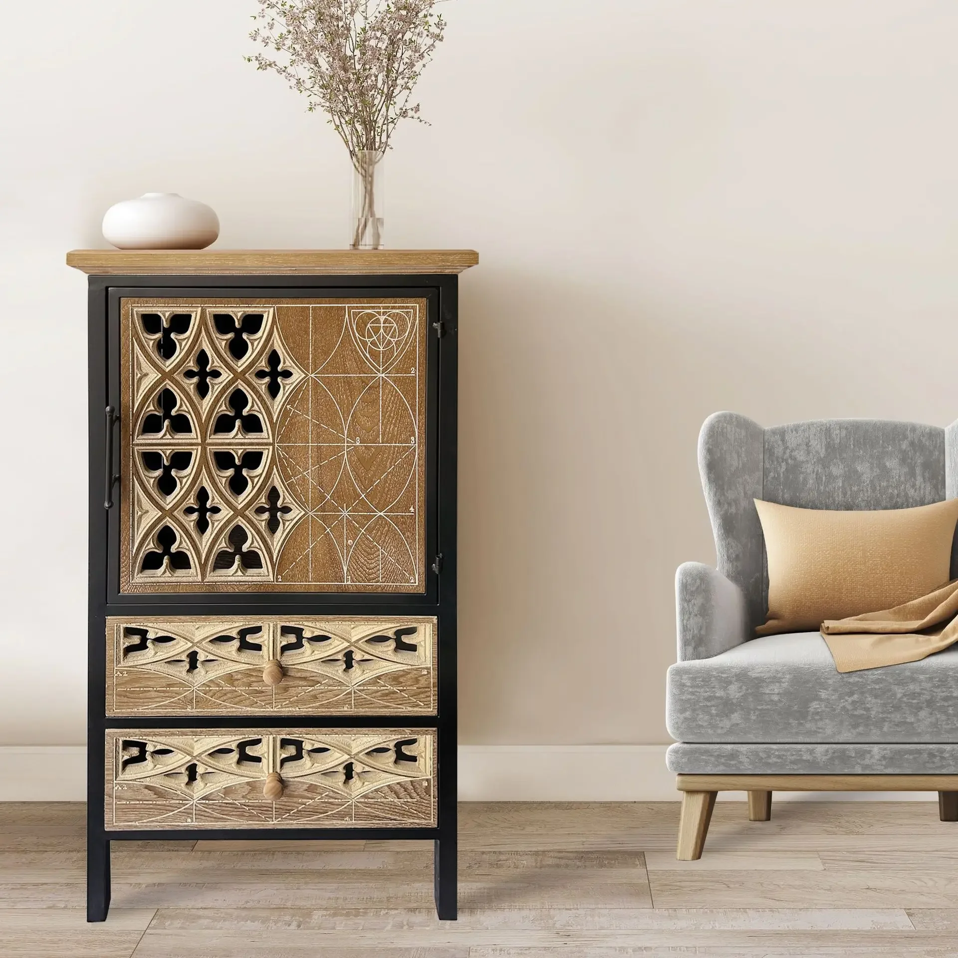 American retro decorative storage cabinet solid wood carving flower glass storage entrance characteristic retro dining