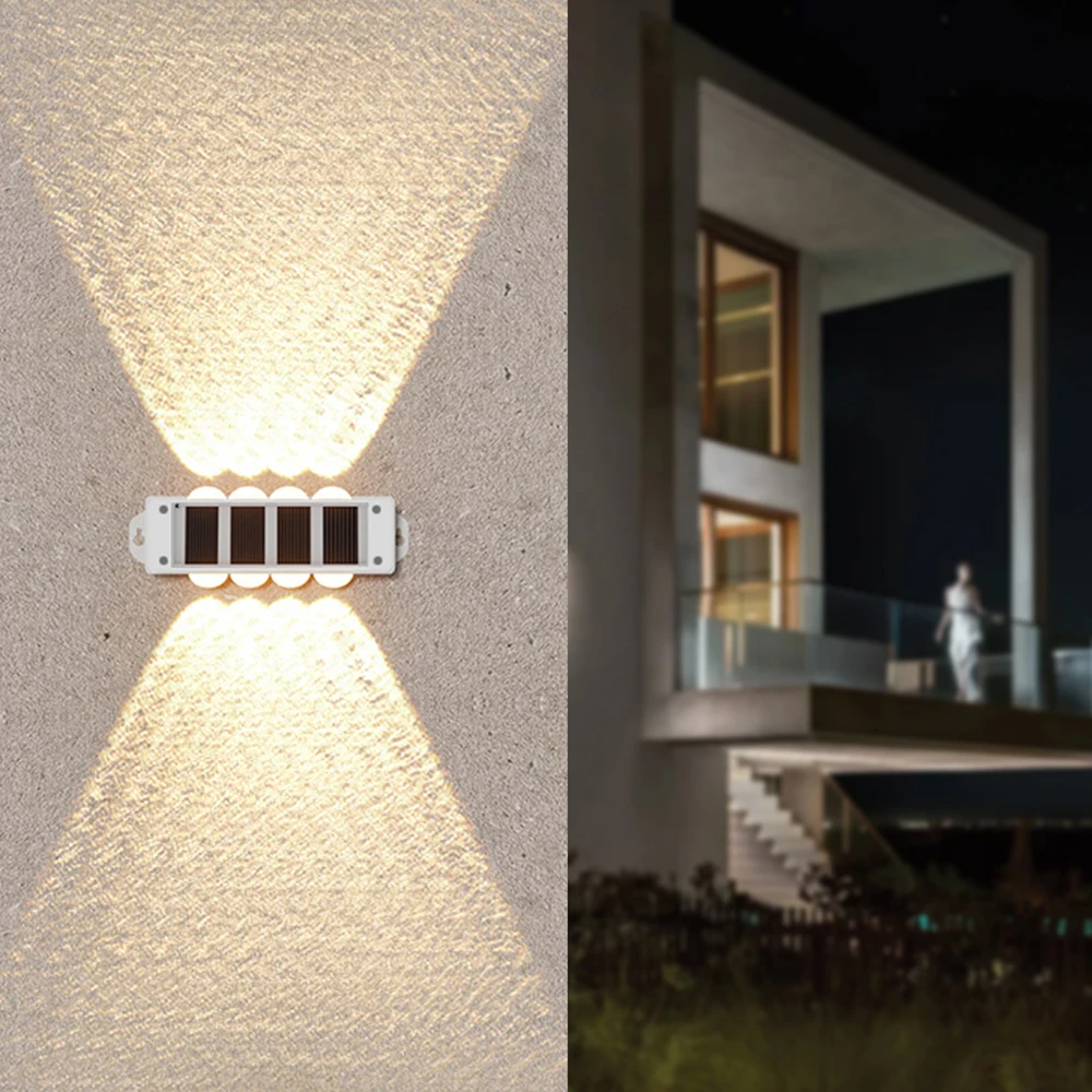4 Stück Solar-Wandleuchten, 8 LEDs, warmweißes Licht, wasserdicht, für den Außenbereich, mit automatischer Ein-/Ausschaltfunktion, einfache Installation, ideal für die Dekoration von Innenhöfen, Gärten und Zäunen. – Detail 7
