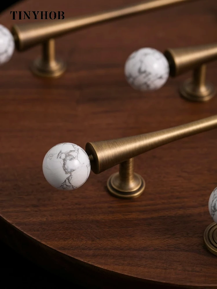 White Marble + Brass Cabinet Handles  Antique Bronze  Home Decor Wardrobe Pulls Drawer Round Knobs Vintage Furniture Hardware