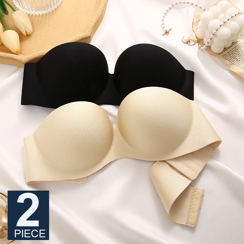 FINETOO 2Pcs Women Invisible Bras Front Closure Bra Sexy Push Up Bra Female Brassiere Strapless Seamless Backless Bralette