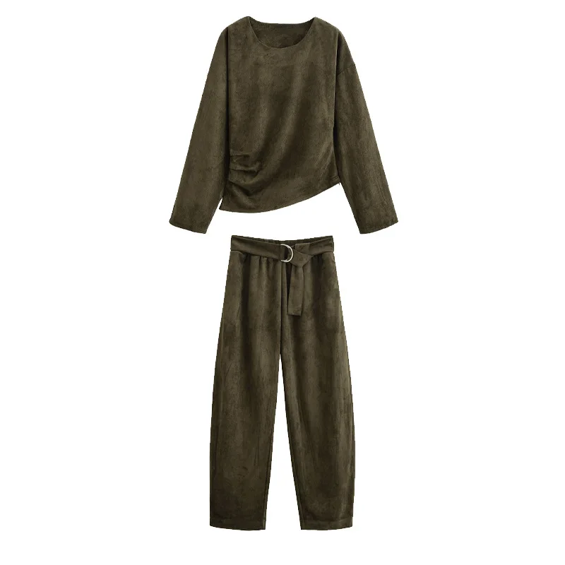 

2025 модный весенне-осенний женский брючный костюм, замшевый топ с длинными рукавами и талией + длинные брюки, комплект из 2 предметов